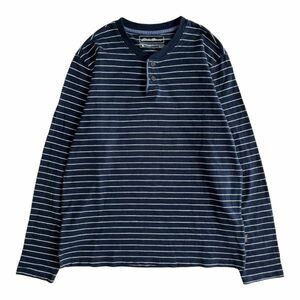 Eddie Bauer エディバウアー 長袖 ボーダー ヘンリーネック コットン Tシャツ L/S ロンT トップス カットソー 00s 古着 M ネイビー 紺