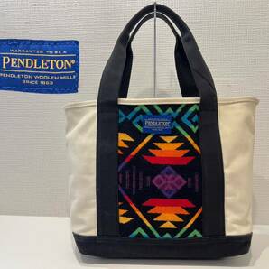 ★PENDLETON★ペンドルトン★トートバッグ★肩掛け★キャンバス×ウール★ネイティブ柄★ロゴパッチ★白×黒×マルチカラー★A4収納可★の画像1