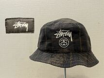 ★STUSSY★ステューシー★バケットハット★バケハ★帽子★チェック柄★総柄★刺繍ロゴ★SSリンク★綿100%★グレー系★L/XLサイズ★132705★_画像1