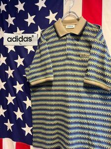 ★80s★90s★adidas★アディダス★半袖ポロシャツ★ロゴパッチ★総柄★ジャカードニット★ベージュ×緑×紺★Lサイズ★ヴィンテージ★