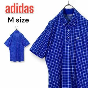 【美品】アディダス adidas ゴルフ メンズウェア 半袖ポロシャツ Mサイズ ボタンダウン BD ストレッチ ブルー 青系 チェック柄 匿名配送