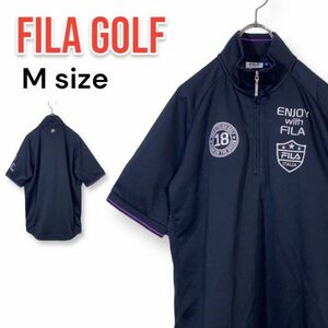 【美品】FILA GOLF フィラゴルフ ハーフジップ 半袖ポロシャツ ネイビー 紺 Mサイズ 刺繍 ストレッチ ゴルフウェア