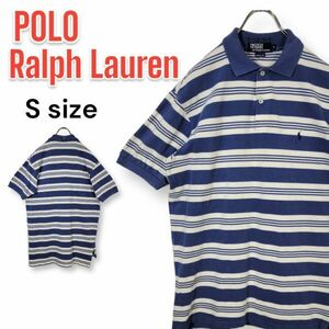 【レア】90'S USA製 ポロラルフローレン 鹿の子ポロシャツ Sサイズ ボーダー 青系 メンズ ワンポイント POLO RALPH LAUREN 米国製