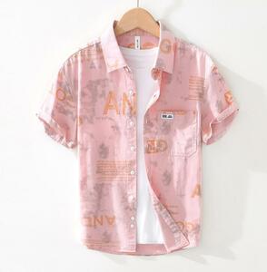 半袖シャツ　柄物　カーゴシャツ　夏服　サマーシャツ　メンズ*新品　トップス　カジュアルシャツ ピンク