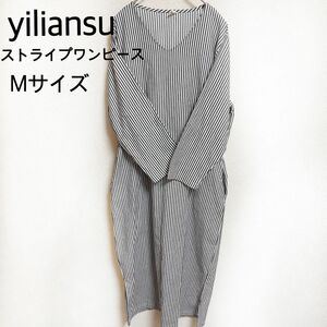 yiliansu ストライプ　ロングワンピース　リネン混