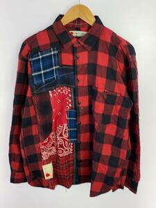 SEVESKIG◆REMAKE CHECK SHIRT/長袖シャツ/L/コットン/レッド/チェック/バンダナ柄