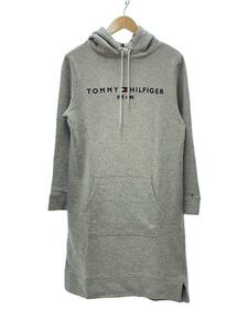 TOMMY HILFIGER◆長袖ワンピース/S/コットン/GRY/無地/ロゴ/m166200012//