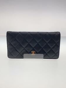 CHANEL◆長サイフ_マトラッセ_レザー_フラップ_ココマーク_BLK/レザー/BLK/レディース//