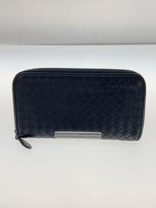 BOTTEGA VENETA◆イントレチャートラウンドジップ長財布/レザー/BLK/無地/メンズ