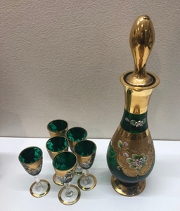 ボヘミアガラス酒器セット　ガラス 金彩 デキャンタ グラス ６客セット グリーン　ジャンク