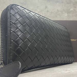 【極美品】 BOTTEGAVENETA ボッテガヴェネタ メンズ ビジネス 長財布 ラウンドファスナー イントレインチャート レザー ブラック 編み込み