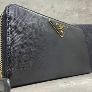 【未使用級】 PRADA プラダ メンズ ビジネス 長財布 ラウンドファスナー 三角ロゴ 金ロゴ サフィアーノ レザー 本革 ブラック 黒 男女兼用