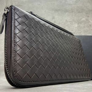 【美品】 BOTTEGAVENETA ボッテガヴェネタ メンズビジネス 長財布 オーガナイザー ラウンドファスナーイントレチャート レザー 本革 茶色