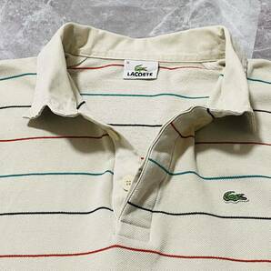 希少!!XXL相当【LACOSTE】長袖ポロシャツ マルチボーダー柄 アイボリー/オフホワイト 鹿の子 ロゴ刺繍 ラコステ釦刻印 サイドスリット 良品の画像4