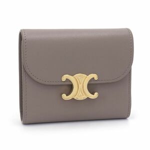  Celine Trio mf small flap wallet 10D783 gray ju leather three folding purse Gold metal fittings Brown beige used free shipping 