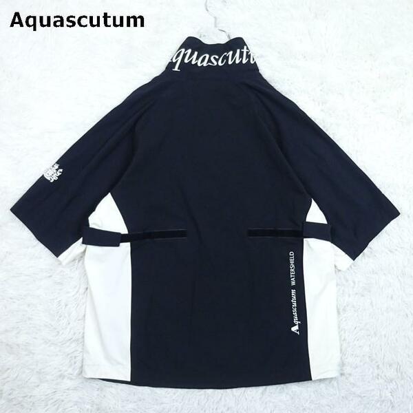 Aquascutum アクアスキュータム 半袖ナイロンジャケット ウインドブレーカー プルオーバー ハーフジップ ストレッチ M 紺×オフホワイト