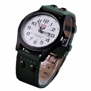 【vaps_3】腕時計 時計 メンズ アナログクォーツウォッチ #05 ホワイト文字盤/グリーンレザーストラップ カジュアル ミリタリー 送込