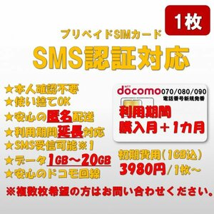 SMS認証/受信可能【本人確認不要】データ1GB/月間 プリペイドSIMカード 090/080/070新規電話番号 docomo回線 使い捨て SMS付き 1枚6