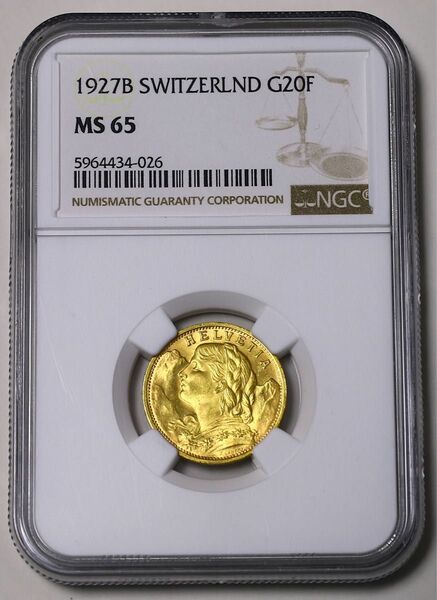 【NGC MS65】 スイス　20フラン金貨　1927B　アルプスの少女ブレネリ コイン 古銭 硬貨 貨幣