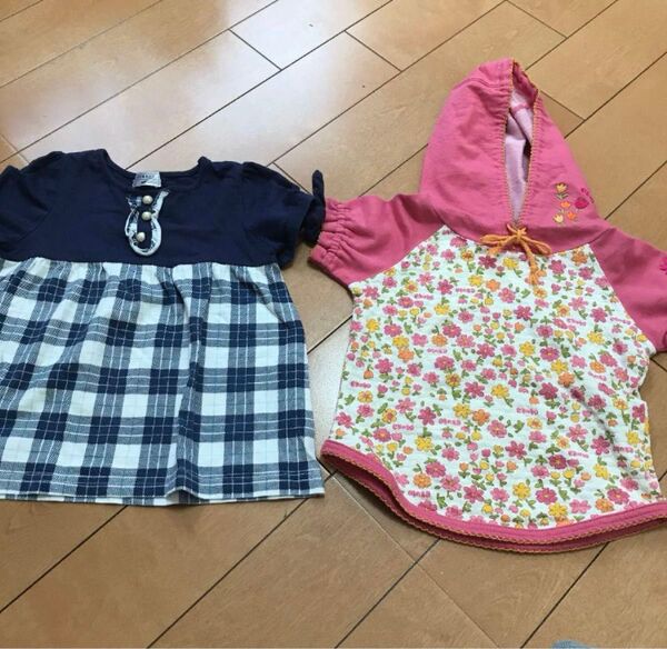 300円購入可 チェック 花柄 カットソー 2枚セット 100センチ