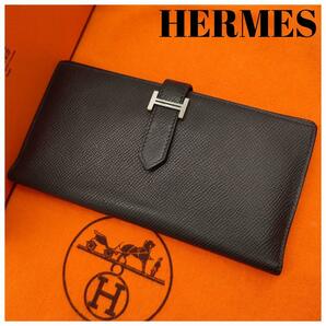 【極美品】エルメス HERMES ベアンスフレ ヴォーエプソン 長財布 本革 レザー H金具 ブラック 黒色 メンズ 大容量 ウォレット walletの画像1