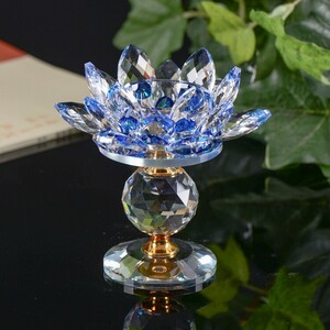 燭台 キャンドルホルダー クリスタルガラス 蓮の花 ロータス ローソク立て 置物 風水　2点セット　ブルー