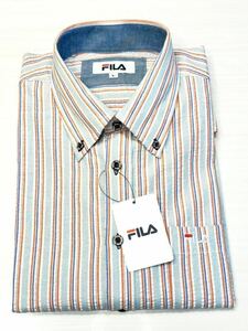 (送料無料)新品未使用品 春夏物 FILA フィラ メンズ ストライプ柄 長袖シャツ ☆サイズL胸囲96〜104㎝☆サックス☆素材 ポリエステル55%他