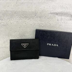 【贅沢品の極み】PRADA プラダ 折り財布 カードケース コインケース 三角プレート ナイロン 本革 レザー サフィアーノ ブラック の画像1