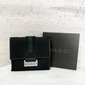 【贅沢品の極み】GUCCI グッチ　折り財布 カードケース　シェリーライン　ホースビット　キャンバス　レザー　本革　ブラック　グリーン