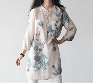  new arrival ~ floral print 7 minute sleeve retro blouse long height .. feeling thin shirt adult tunic height tops small floral print large size pocket ~ blue 