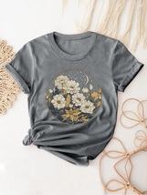 和風柄　花柄クルーネックTシャツ　春夏カジュアル半袖Tシャツ_画像1