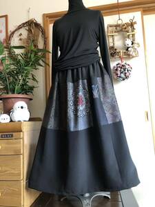 20 pongee black kimono remake hand made gathered skirt old cloth rubber gya The - kimono remake ~