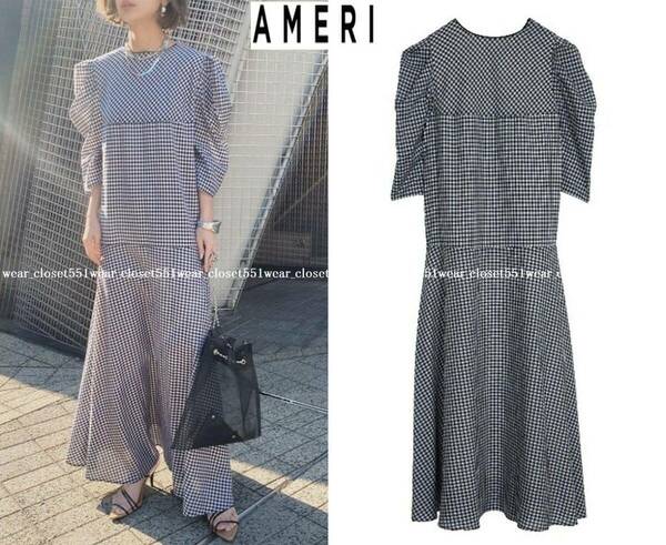 2021 美品AMERI VINTAGEアメリ☆MEDI GINGHAM CHECK 2WAY PUFF SLEEVE DRESS ブラック×ホワイト M★21450円