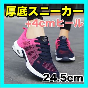 厚底スニーカー レディース 軽い 韓国 4㎝ ヒール 24.5cm ピンク 運動