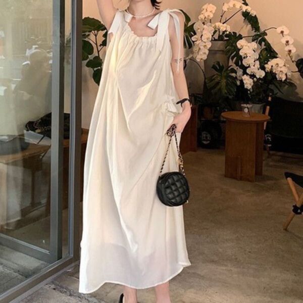 ショルダーリボンワンピース Lサイズ リゾートワンピ キャミワンピース ロングワンピース 夏 ゆるふわ ゆるかわ 韓国 オルチャン