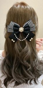 バレッタ　ビックリボン　千鳥柄　高見え　ヘアアクセサリー パール リボン 髪飾り パールリボン 結婚式 冠婚葬祭