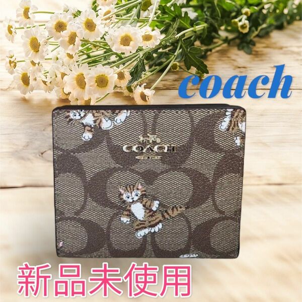 【2点セット】【新品・未使用】　coach 折財布　ブラウン　猫　シグネチャー