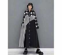 シャツワンピース レディース ワンピース ロング ワンピース ゆったり 大きいサイズ ドット柄 ストライプ柄切替 LWFA009(2色フリー)_画像7