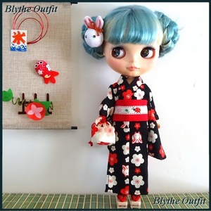 ♪Blythe＊ブライスアウトフィット♪浴衣（黒・うさぎ）セット・下駄付き！