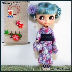 ♪Blythe＊ブライスアウトフィット♪浴衣（紫地・花）セット・下駄付き！