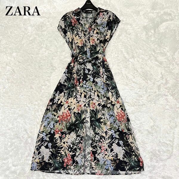 ZARA ロングシャツワンピース　ボタニカル　黒　フレア　花柄　ウエスト紐