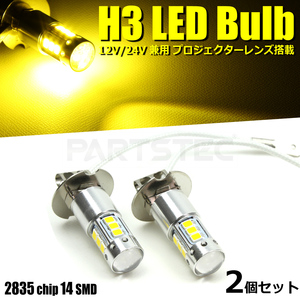 H3 LED ショート フォグ ランプ バルブ 80W級 12V 24V プロジェクターレンズ イエロー 黄色 2個セット 無極性 / 147-96×2