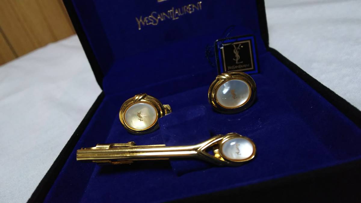 正規美 希少 Yves Saint Laurent イヴサンローラン YSL シェルカフスボタン カフリンクス タイピン ネクタイピンSET タイバー ヴィンテージ