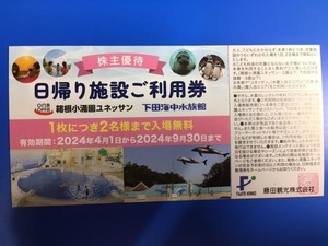 藤田観光　株主優待　日帰り施設ご利用券（箱根小涌園ユネッサン、下田海中水族館）2枚セット　定形郵便送料無料