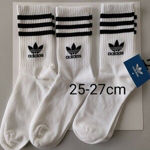 3足組セット新品アディダスオリジナルス25-27cmホワイト靴下ミッドカット白クルーソックスadidas Originalsハイソックス ロゴ黒ブラック