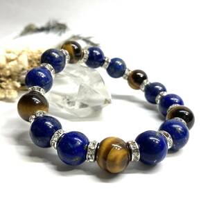 Lapis Lazuli &amp; Tiger Eye Power Bracelet Bracelet Natural Stone Heath (серебро) 12 мм удачи мужчины ☆