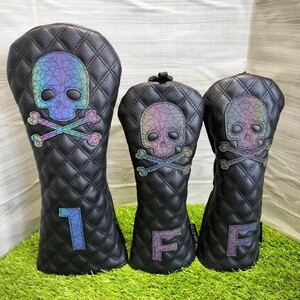 【DF2】黒スカルメタリック　ゴルフヘッドカバー３点セット　ドライバー用　フェアウェイウッド用２点の３点セット