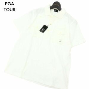 【新品 未使用】 PGA TOUR PGAツアー 春夏 ポケット デザイン 半袖 鹿の子 ポロシャツ Sz.M　メンズ 白 ゴルフ　C4T02814_3#A
