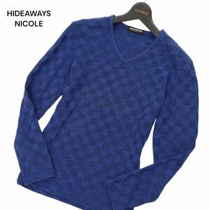 HIDEAWAYS NICOLE ハイダウェイ ニコル 通年 市松柄★ Vネック 長袖 カットソー ロンTシャツ Sz.46　メンズ ネイビー　C4T02663_3#F