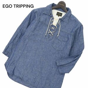 EGO TRIPPING エゴトリッピング 春夏 麻 リネン混★ レースアップ 7分袖 デニム プルオーバー シャツ Sz.48　メンズ 日本製　C4T02672_3#A